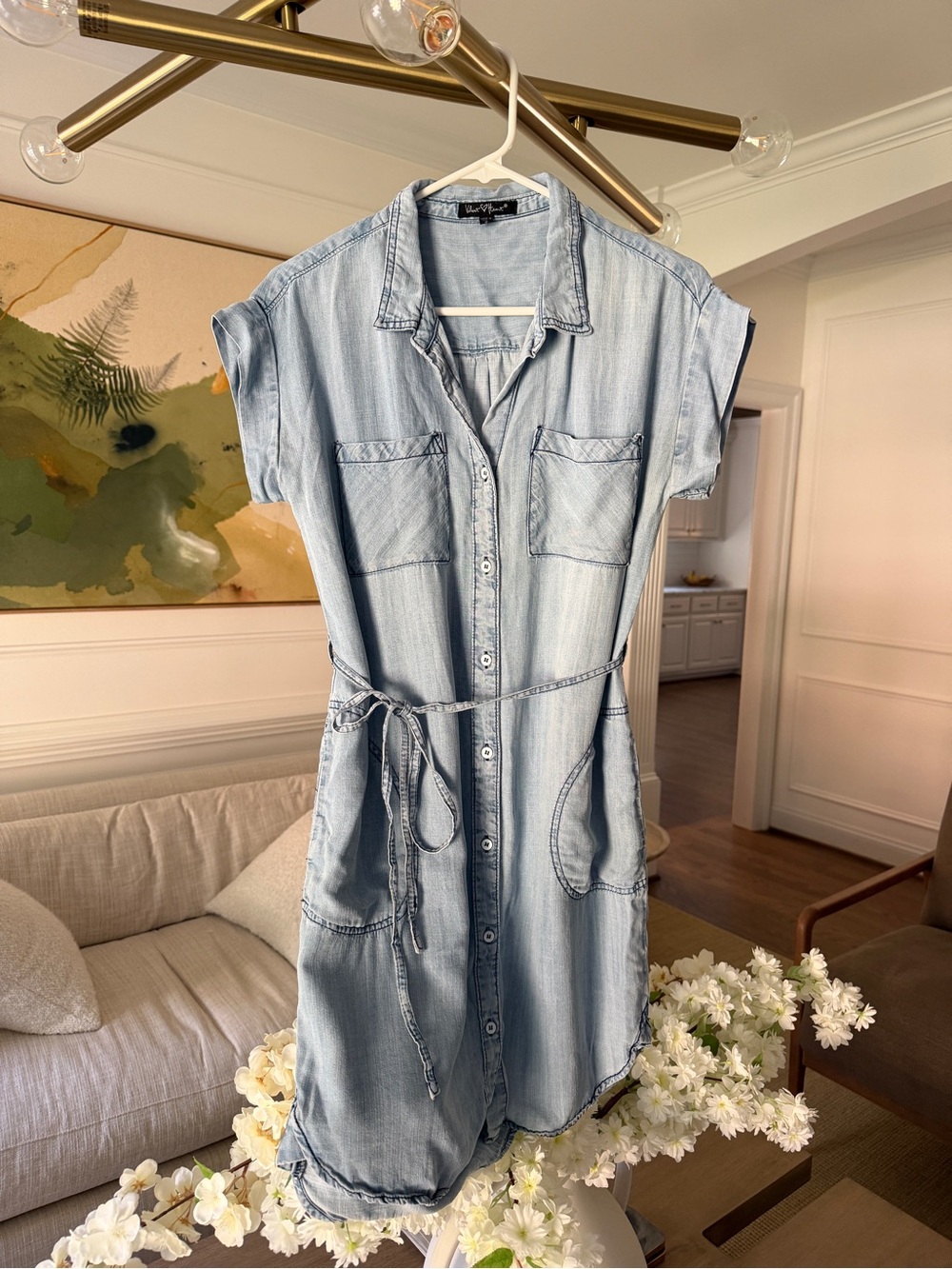 Light Blue Denim Midi Shirt Dress with Tie Waist
